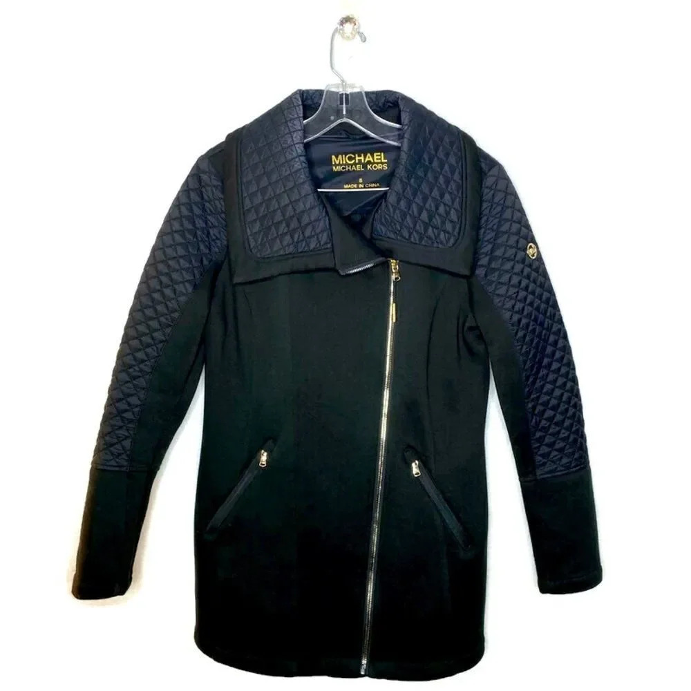 Michael Kors Black Coat W/ Quilted & Zipper Detail S